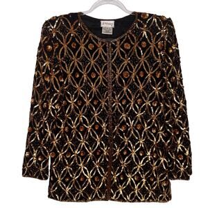 1980s Vintage Stenay Black Gold Silk Sequin Beaded Evening Jacket Medium